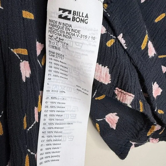 Billabong Womens Cropped Floral Peasant Blouse Black PinkTop Size L - Picture 5 of 7